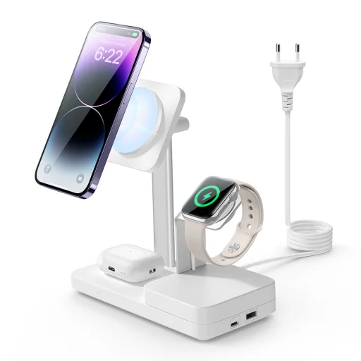  iPhone MagSafe, AirPods, Apple Watch Fehér ESR Prémium 5 az 1-ben Vezeték nélküli Töltőállomás HaloLock (6E004) - GaN-nel, 65W - 1