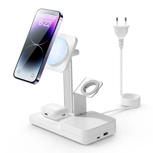  iPhone MagSafe, AirPods, Apple Watch Fehér ESR Prémium 5 az 1-ben Vezeték nélküli Töltőállomás HaloLock (6E004) - GaN-nel, 65W - 2