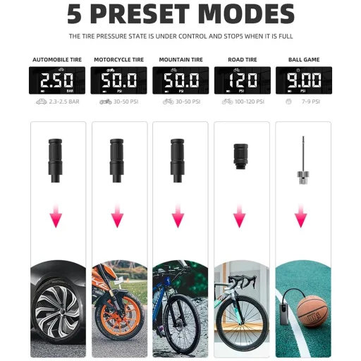 Rockbros 42720001001 Elektromos Kerékpár Pumpa LED Kijelzővel + USB-C - USB-A Kábellel - Fekete - 3