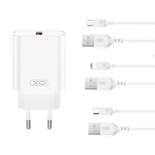 XO hálózati USB töltő adapter CE33 QC 18W 1x USB fehér + Lightning kábel - 1