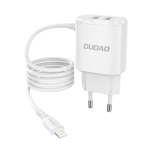 Dudao 2x USB hálózati töltő beépített Lightning kábellel 12W fehér (A2ProL) - 1