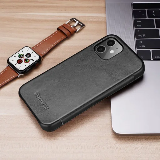 iPhone 12 Pro Max Icarer Vintage valódi bőr fliptok mágneses zárral fekete (RIX1202) - 8