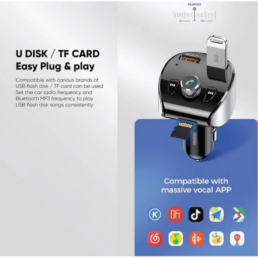 Bluetooth FM Transmitter + Joyroom 2xUSB szivargyújtós töltő fekete (JR-CL02) - 3