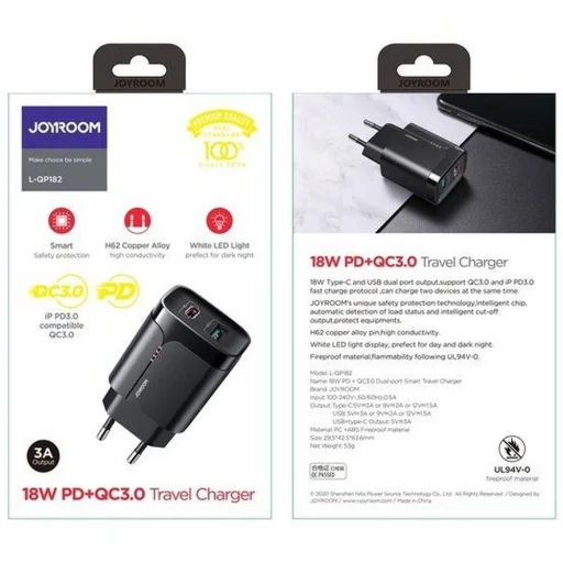 JOYROOM L-QP182 1xUSB-A ÉS 1xUSB-C HÁLÓZATI TÖLTŐ ADAPTER 18W PD3.0/QC3.0 FEKETE - 3