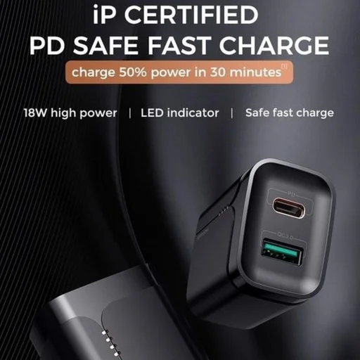 JOYROOM L-QP182 1xUSB-A ÉS 1xUSB-C HÁLÓZATI TÖLTŐ ADAPTER 18W PD3.0/QC3.0 FEKETE - 4