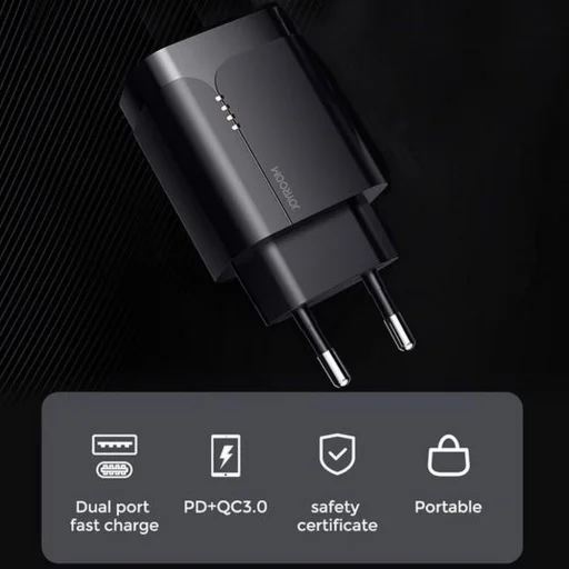 JOYROOM L-QP182 1xUSB-A ÉS 1xUSB-C HÁLÓZATI TÖLTŐ ADAPTER 18W PD3.0/QC3.0 FEKETE - 5