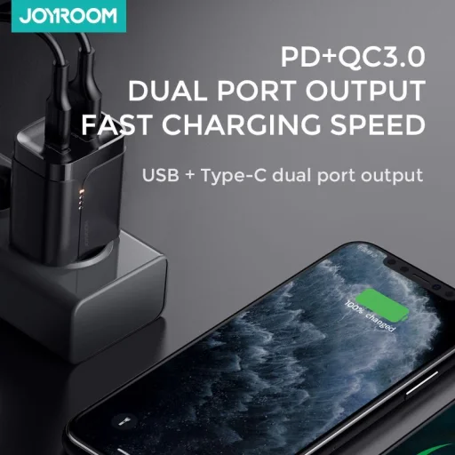 JOYROOM L-QP182 1xUSB-A ÉS 1xUSB-C HÁLÓZATI TÖLTŐ ADAPTER 18W PD3.0/QC3.0 FEKETE - 10