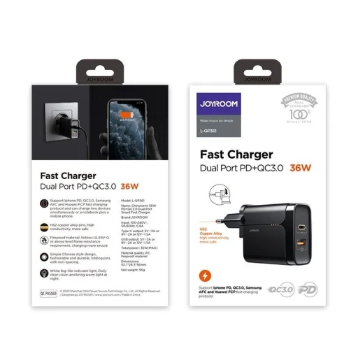 JOYROOM L-QP361 1xUSB-A ÉS 1xUSB-C HÁLÓZATI TÖLTŐ ADAPTER 36W PD3.0/QC3.0 FEKETE - 6