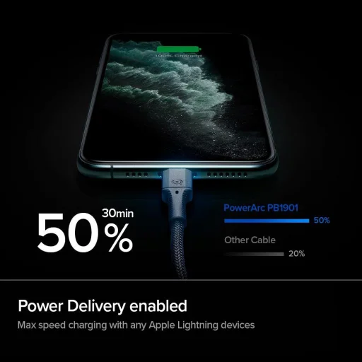 Apple MFI TYPE-C - LIGHTNING KÁBEL SPIGEN PB1901 POWERARC PD100W/2A 1M FEKETE (000CA26491) - 3