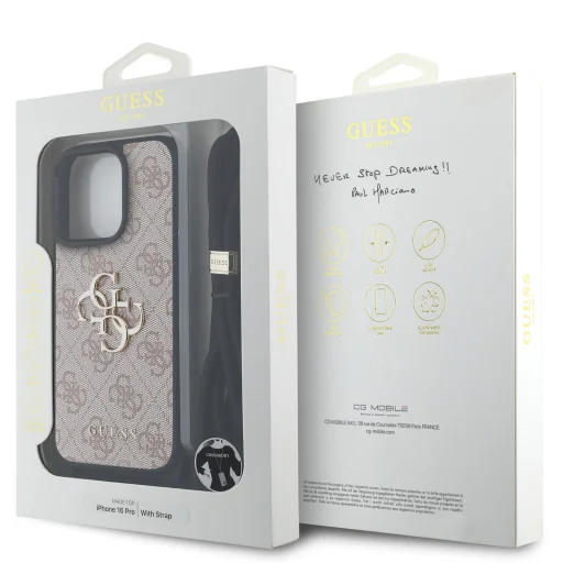  iPhone 16 Pro Pink Guess PU 4G Fém Logós Keresztpántos Tok - 6