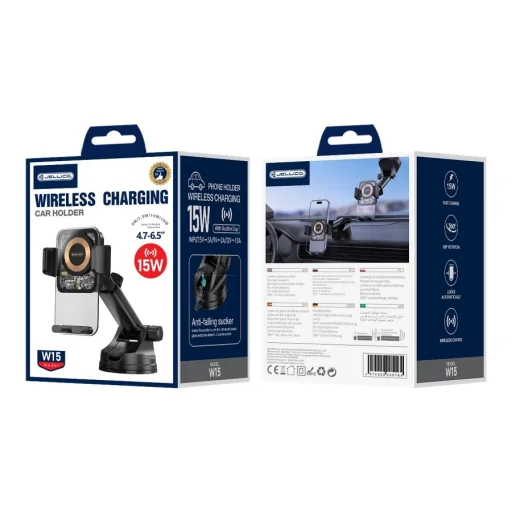 JELLICO autós telefontartó vezeték nélküli töltéssel W15 15W Fekete szélvédőre, műszerfalra - 2
