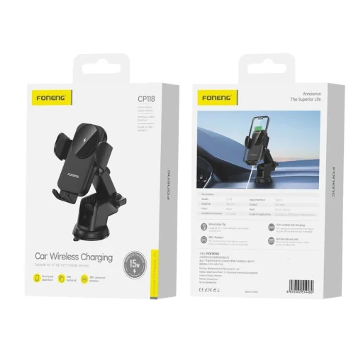 FONENG autós telefontartó vezeték nélküli töltéssel CP118 15W Fekete - 2