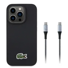  iPhone 15 Pro Fekete Lacoste Iconic Petit Pique Szövött Logós MagSafe tok + USB-C/USB-C Adatkábel