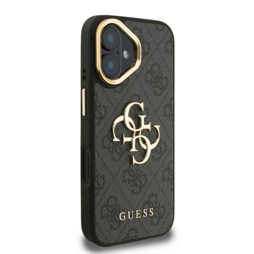  iPhone 16 Fekete Guess PU 4G Metal Logo Állvány Kamerakeret tok - 4