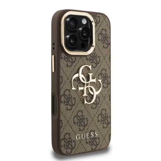  iPhone 16 Pro Barna Guess PU 4G Fém Logós Állvány Kamerakeretes Tok - 4
