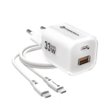 FORCELL F-ENERGY Kristály Színű GaN III VT-41 utazó töltő szilikon kábellel 1 x Típus C + 1x USB A aljzattal, PD QC4.0 33W fehér
