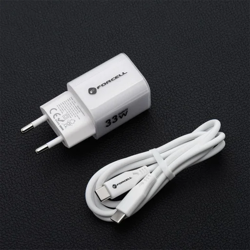 FORCELL F-ENERGY Kristály Színű GaN III VT-41 utazó töltő szilikon kábellel 1 x Típus C + 1x USB A aljzattal, PD QC4.0 33W fehér - 6