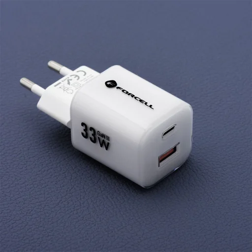 FORCELL F-ENERGY Kristály Színű GaN III VT-41 utazó töltő szilikon kábellel 1 x Típus C + 1x USB A aljzattal, PD QC4.0 33W fehér - 7