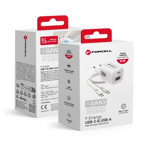 FORCELL F-ENERGY Kristály Színű GaN III VT-41 utazó töltő szilikon kábellel 1 x Típus C + 1x USB A aljzattal, PD QC4.0 33W fehér - 2