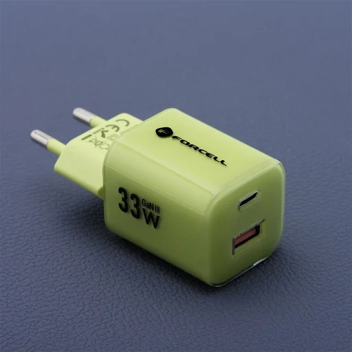 FORCELL F-ENERGY Crystal Color GaN III VT-41 utazó töltő szilikon kábellel 1 x Type C + 1x USB A csatlakozóval, PD QC4.0 33W zöld - 3