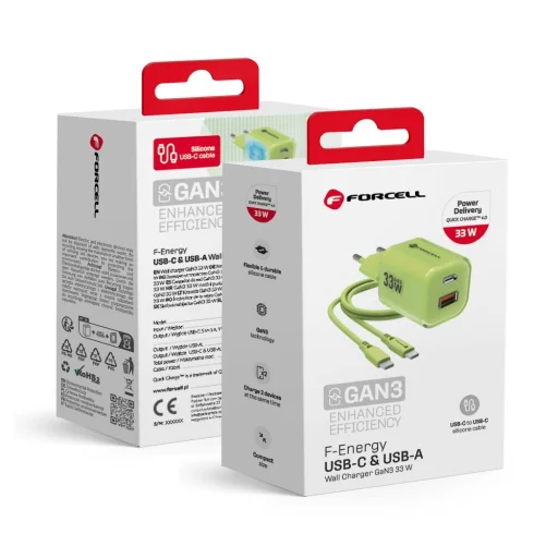 FORCELL F-ENERGY Crystal Color GaN III VT-41 utazó töltő szilikon kábellel 1 x Type C + 1x USB A csatlakozóval, PD QC4.0 33W zöld - 1