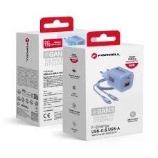 FORCELL F-ENERGY Crystal Színű GaN III VT-41 utazó töltő szilikon kábellel 1 x Type C + 1x USB A csatlakozóval, PD QC4.0 33W kék
