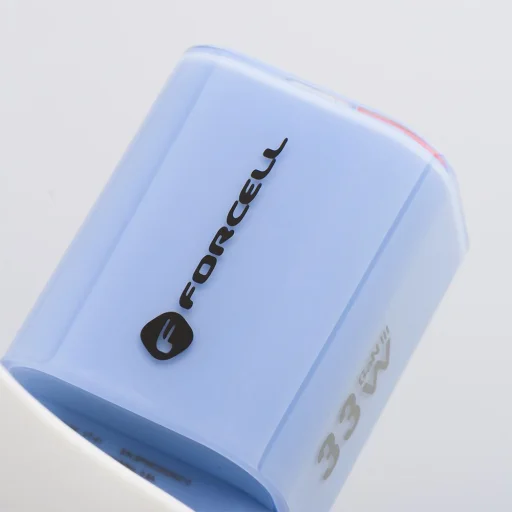 FORCELL F-ENERGY Crystal Színű GaN III VT-41 utazó töltő szilikon kábellel 1 x Type C + 1x USB A csatlakozóval, PD QC4.0 33W kék - 5