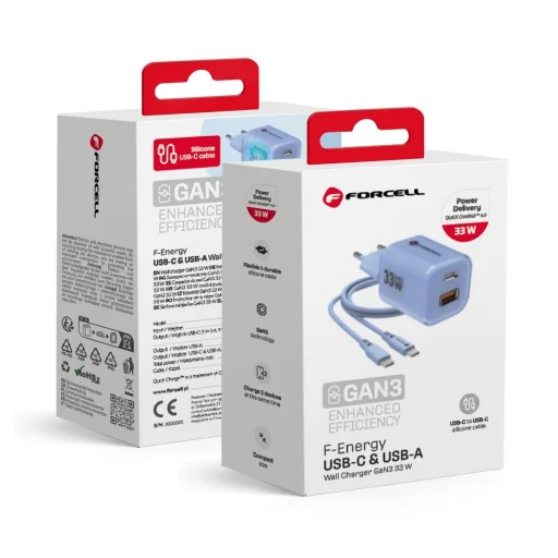 FORCELL F-ENERGY Crystal Színű GaN III VT-41 utazó töltő szilikon kábellel 1 x Type C + 1x USB A csatlakozóval, PD QC4.0 33W kék - 2