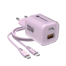 FORCELL F-ENERGY Crystal Color GaN III VT-41 utazótöltő szilikon kábellel 1 x USB-C + 1x USB-A aljzatokkal, PD QC4.0 33W lila