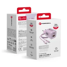 FORCELL F-ENERGY Crystal Color GaN III VT-41 utazótöltő szilikon kábellel 1 x USB-C + 1x USB-A aljzatokkal, PD QC4.0 33W lila