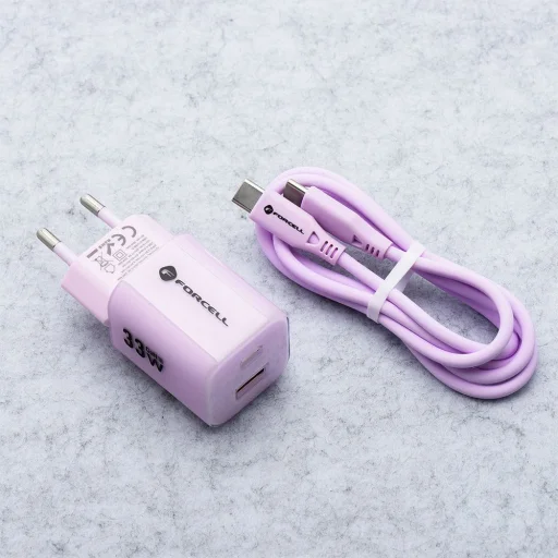 FORCELL F-ENERGY Crystal Color GaN III VT-41 utazótöltő szilikon kábellel 1 x USB-C + 1x USB-A aljzatokkal, PD QC4.0 33W lila - 3