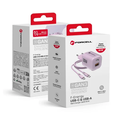 FORCELL F-ENERGY Crystal Color GaN III VT-41 utazótöltő szilikon kábellel 1 x USB-C + 1x USB-A aljzatokkal, PD QC4.0 33W lila - 2
