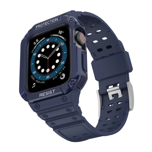 Protect Strap Band tok szíjjal Apple Watch 9 / 8 / 7 / 6 / 5 / 4 / 3 / 2 / SE / SE2 (41 / 40 / 38mm) tok, páncélfedő a karórához Kék - 2