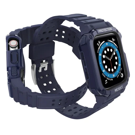 Protect Strap Band tok szíjjal Apple Watch 9 / 8 / 7 / 6 / 5 / 4 / 3 / 2 / SE / SE2 (41 / 40 / 38mm) tok, páncélfedő a karórához Kék - 3