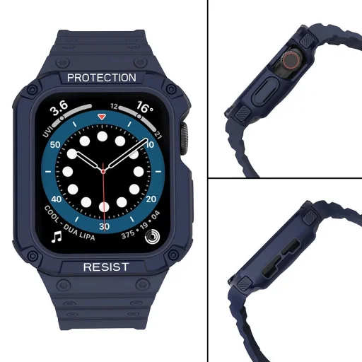 Protect Strap Band tok szíjjal Apple Watch 9 / 8 / 7 / 6 / 5 / 4 / 3 / 2 / SE / SE2 (41 / 40 / 38mm) tok, páncélfedő a karórához Kék - 4