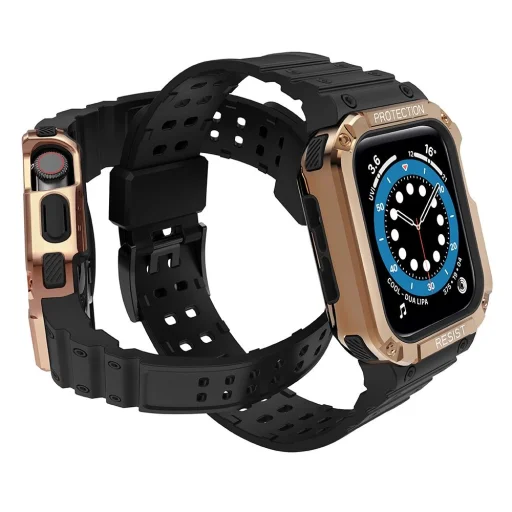 Protect Strap Band csuklópánt és tok Apple Watch 9 / 8 / 7 / 6 / 5 / 4 / 3 / 2 / SE / SE2 (41 / 40 / 38mm) tok Páncélozott borítás karórához Fekete / Rose Gold tok - 3