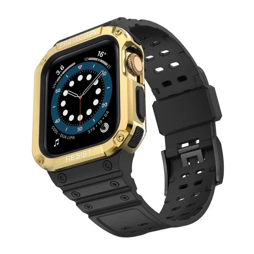 Protect Strap Band csuklópánt tokkal Apple Watch 9 / 8 / 7 / 6 / 5 / 4 / 3 / 2 / SE / SE2 (41 / 40 / 38mm) esetén, páncélozott borítás óra számára Fekete / Arany színben - 2