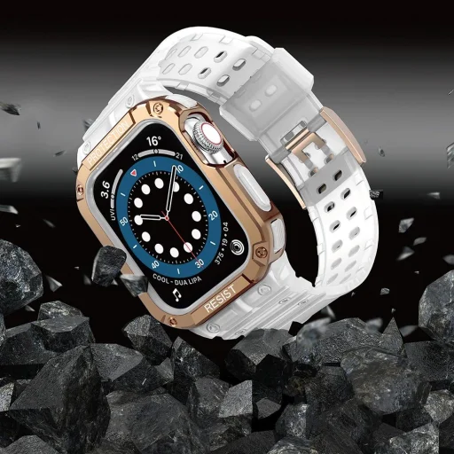 Protect Strap szíj karpánt tokkal Apple Watch 9 / 8 / 7 / 6 / 5 / 4 / 3 / 2 / SE / SE2 (41 / 40 / 38mm) tok páncél borítás órához átlátszó / rozéarany - 5