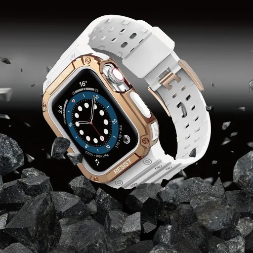 Protect Strap Band karpánt tok Apple Watch 9 / 8 / 7 / 6 / 5 / 4 / 3 / 2 / SE / SE2 (41 / 40 / 38mm) páncélozott tok fehér / rózsa arany - 9