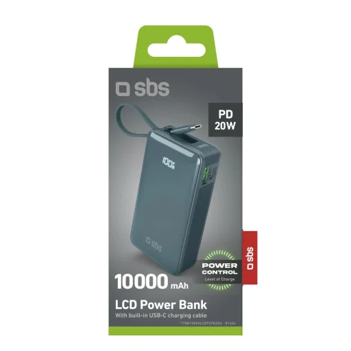 Powerbank SBS 10000 mAh 20W beépített USB-C kábellel és digitális kijelzővel - szürke - 2