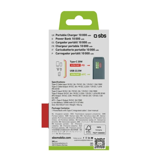 Powerbank SBS 10000 mAh 20W beépített USB-C kábellel és digitális kijelzővel - szürke - 3