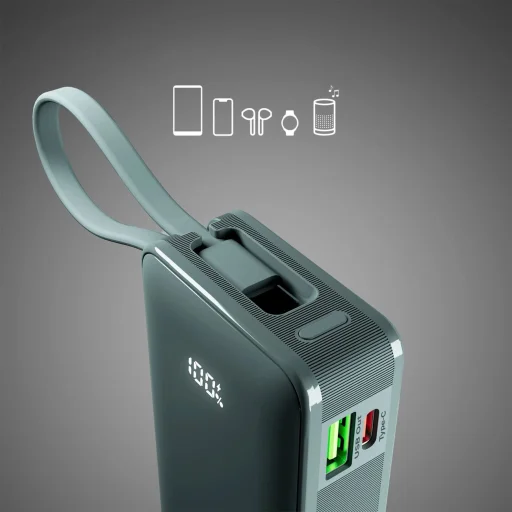 Powerbank SBS 10000 mAh 20W beépített USB-C kábellel és digitális kijelzővel - szürke - 6