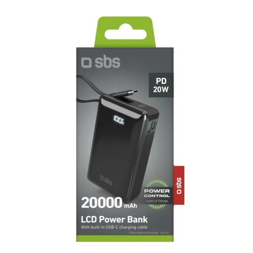 Powerbank SBS 20000 mAh 20W beépített USB-C kábellel és digitális kijelzővel - fekete - 2