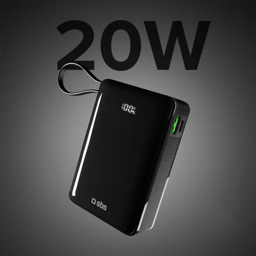 Powerbank SBS 20000 mAh 20W beépített USB-C kábellel és digitális kijelzővel - fekete - 4