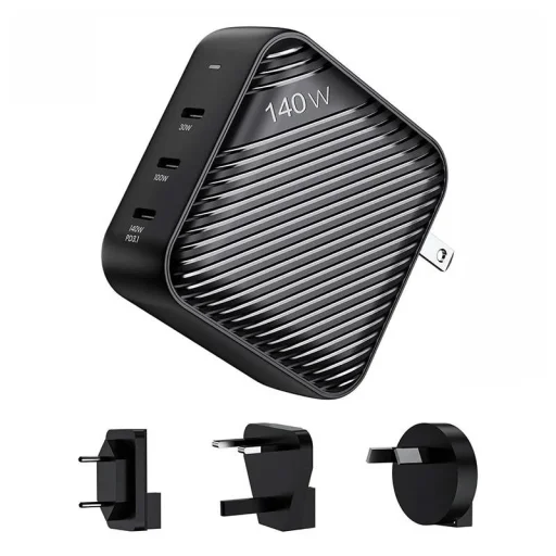 Hálózati töltő INVZI GanHub 3x USB-C, 140W, EU/UK/AU/US (fekete) - 1