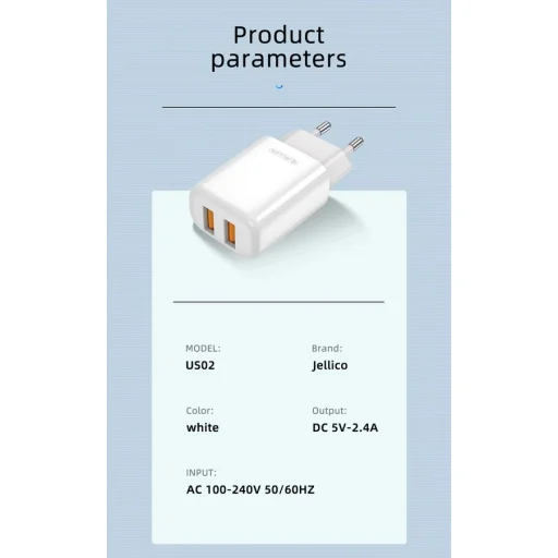 JELLICO fali töltő EU02 2.4A 12W 2xUSB Fehér - 4