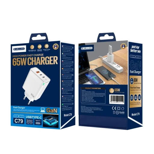 JELLICO fali töltő C79 GaN PD 65W 2xUSB-C + 1xUSB QC3.0 Fehér - 1