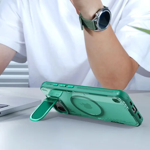 Nillkin Iceblade Prop mágneses tok kamerafedéllel és állvánnyal iPhone 16e-hez - Zöld tok - 11