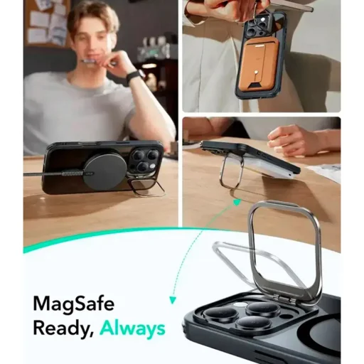  iPhone 16 Pro Max Átlátszó Fekete ESR Klasszikus Hibrid HaloLock Kitámasztó tok - 4