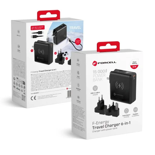 FORCELL F-ENERGY multifunkciós töltő 45W 6 az 1-ben USB A és USB C csatlakozókkal, 15000mAh powerbankkal és 15W vezeték nélküli töltéssel - 1
